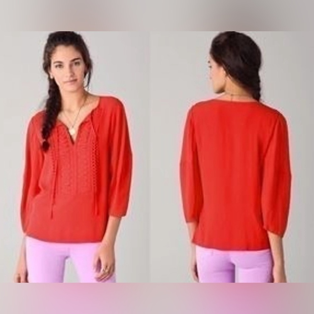 DIANE VON FURSTENBERG Sz 14 Iliana 3/4 Sleeves Ornate Slim Tie  Flowy Blouse
